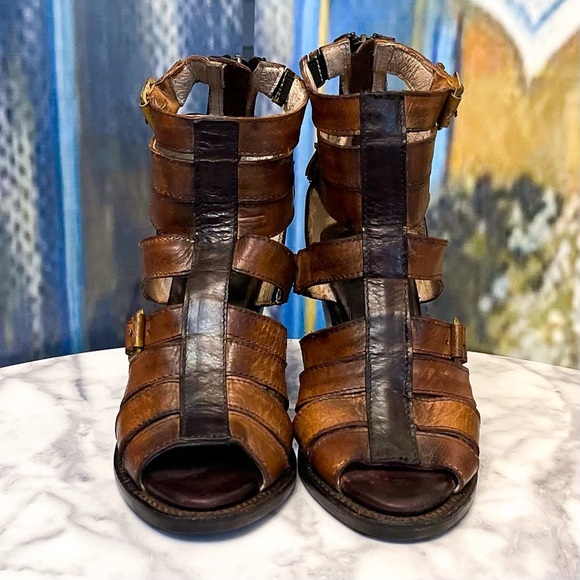 Freebird Breez Strappy Leather Gladiator Sandal Heels Brown Multi 8 EUC - Picture 4 of 8